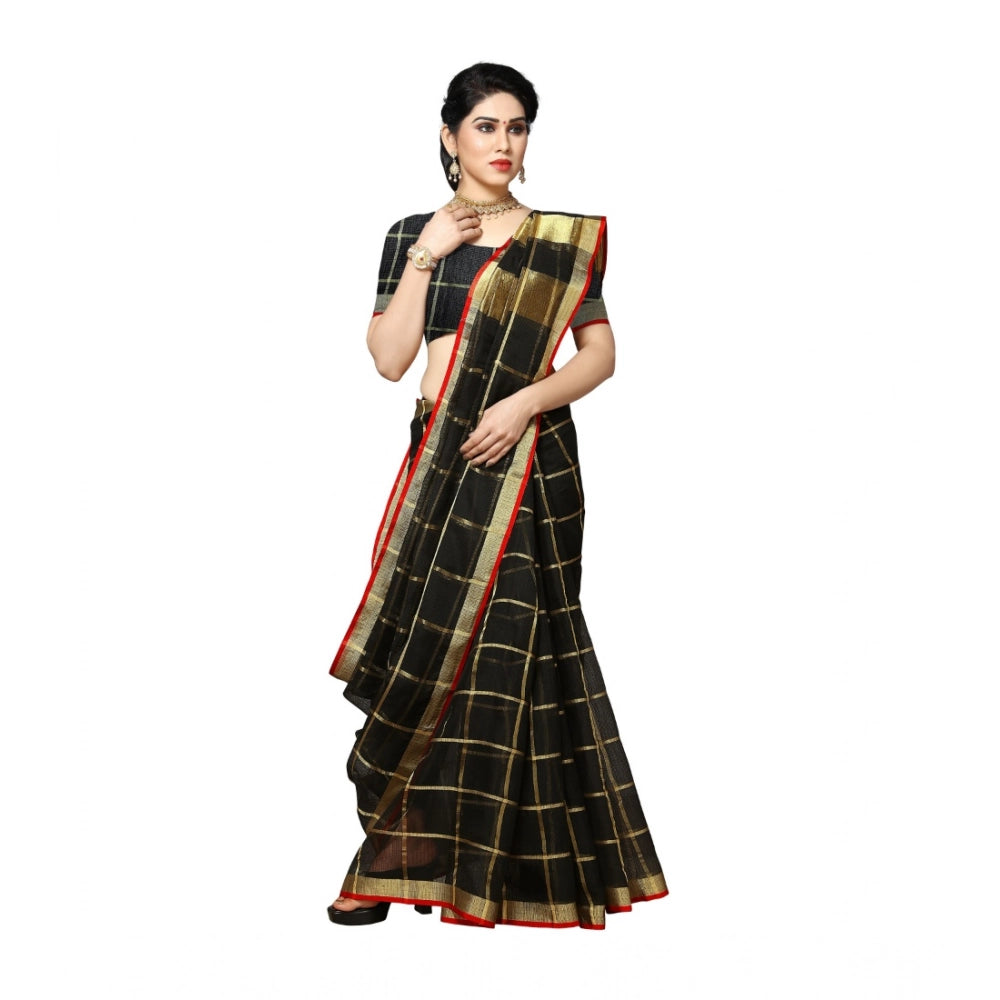 Black Kota Doria cotton saree with blouse (6-3 mtrs), intricate zari stripes design for casual and festive wear