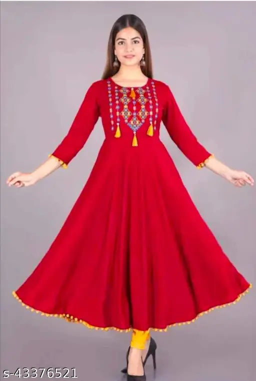 Rayon embroidered lace Anarkali gown kurti, Indian fashion with pompoms on three-quarter sleeves