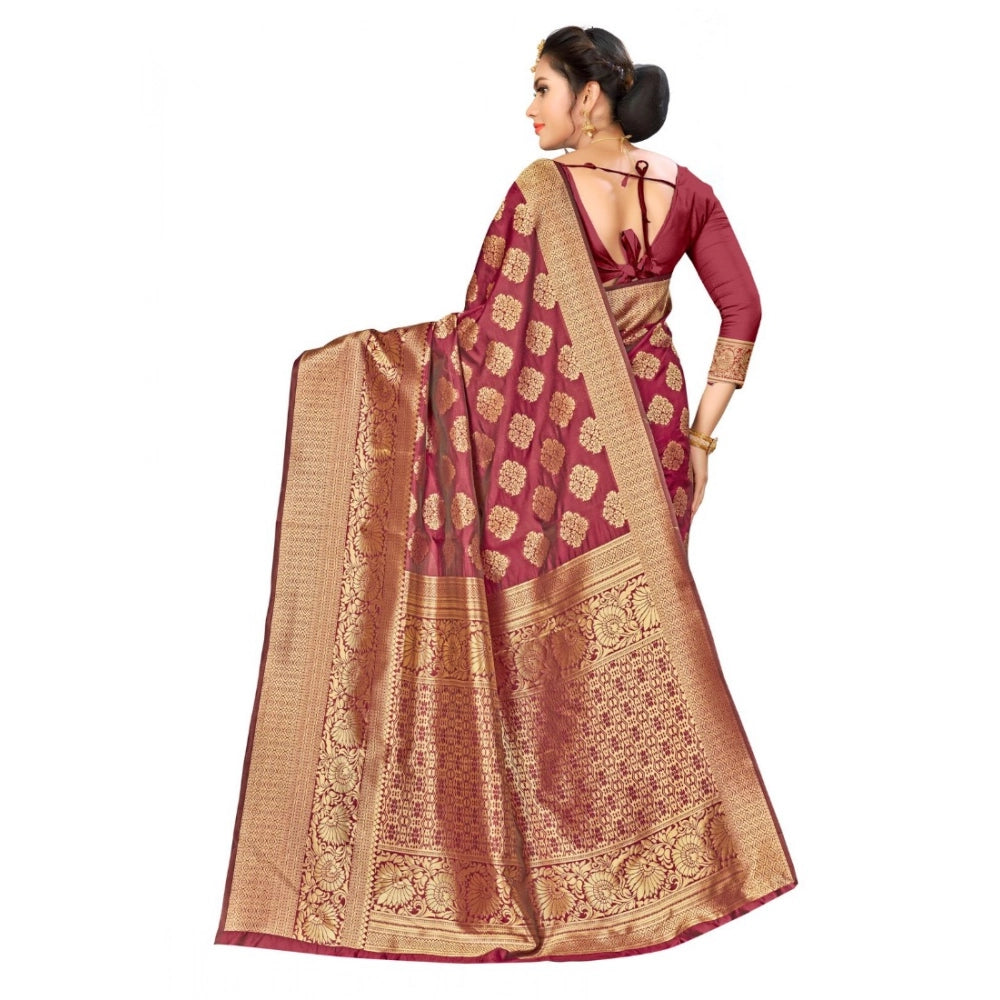 Maroon Banarasi silk saree (5-6 mtrs), traditional Indian women's wear with intricate weaving details
