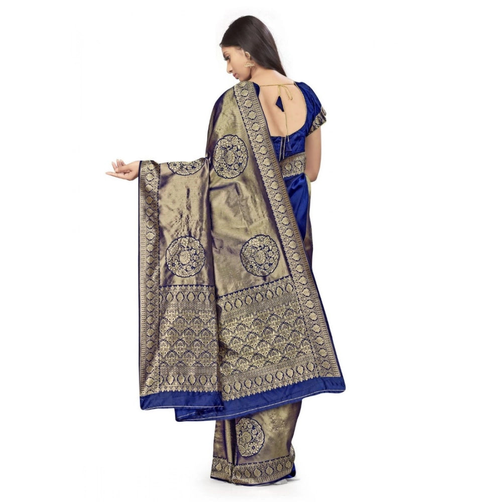 Navy Blue Banarasi Silk Saree (5-6Mtrs), intricate weaving design for casual or festive wear