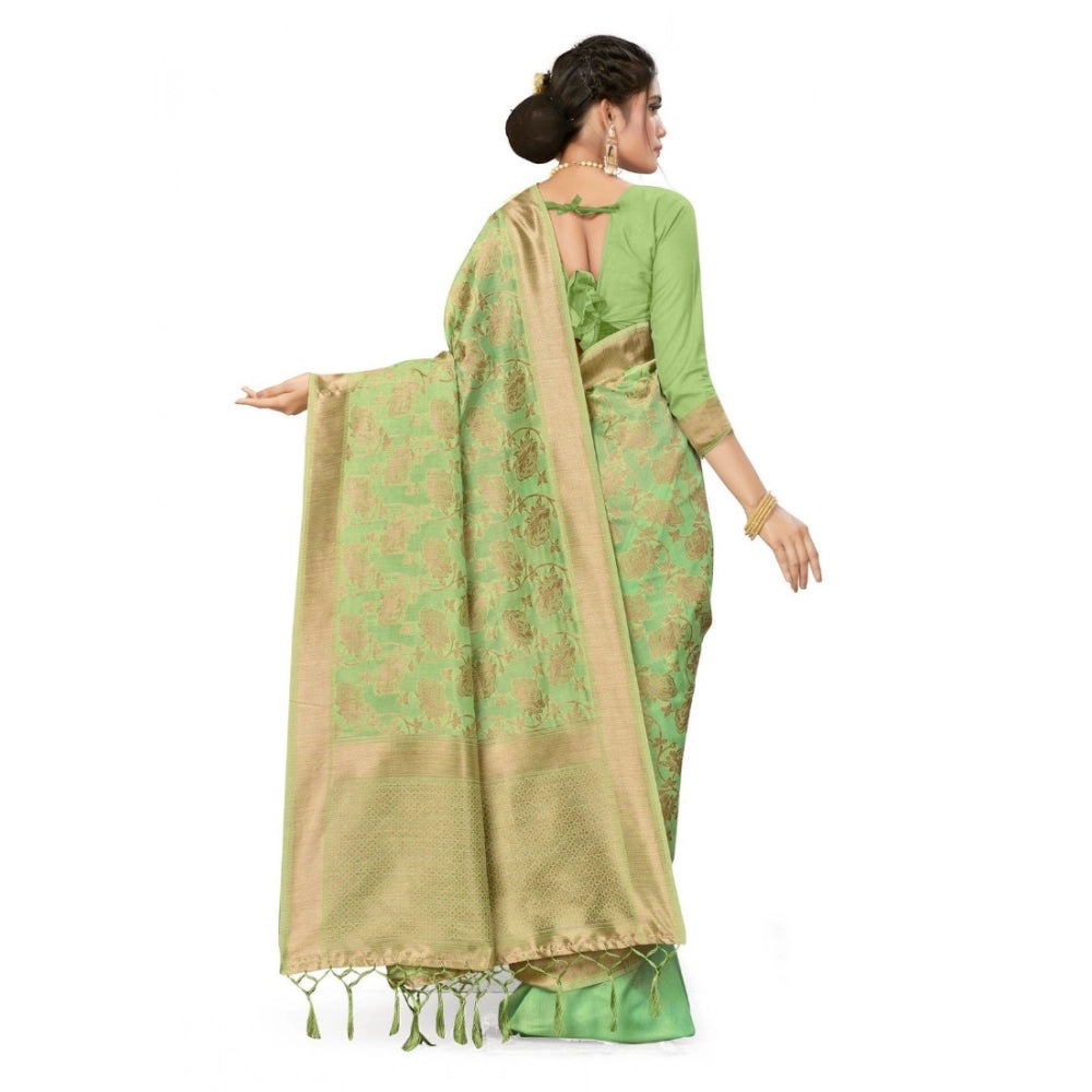 Pista Green Banarasi Spun Cotton Saree (5-6 Mtrs), traditional weaving for casual, festive wear for women