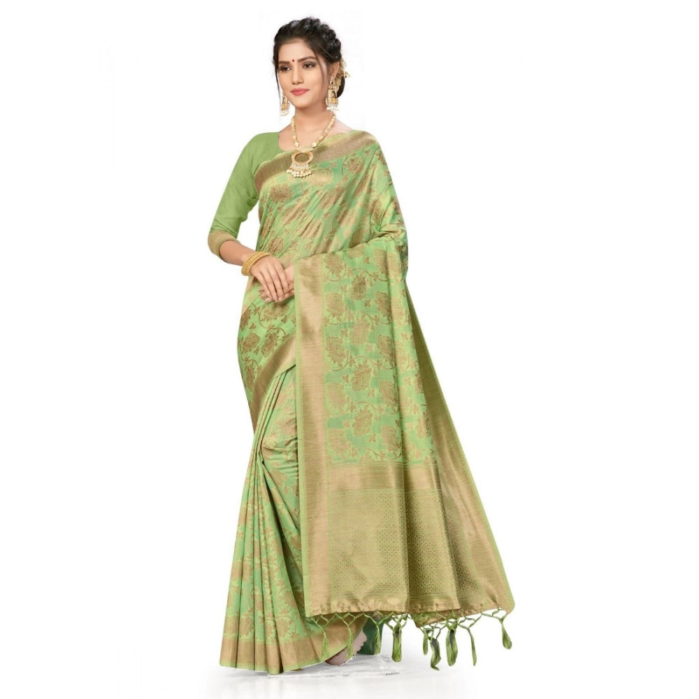 Pista Green Banarasi Spun Cotton saree for women, 5-6 meters, ideal for casual or festive wear