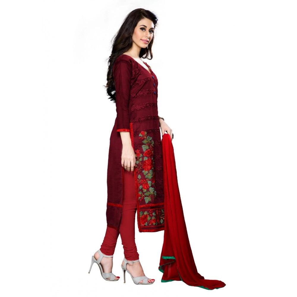 Dark maroon cotton unstitched salwar suit with dupatta, ideal for party and festive occasions - women's fashion