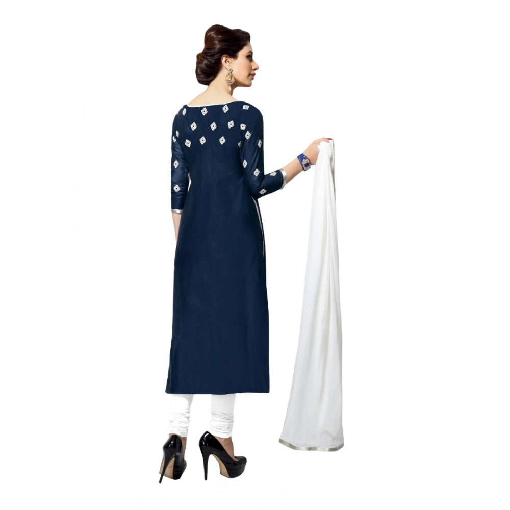Navy blue cotton unstitched salwar suit with dupatta, ideal for women's party wear occasions