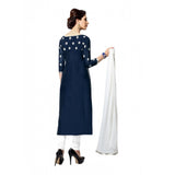 Navy blue cotton unstitched salwar suit with dupatta, ideal for women's party wear occasions