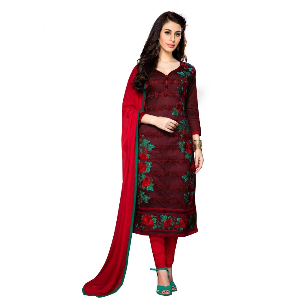 Dark maroon cotton unstitched salwar suit with dupatta, perfect for party and festive occasions