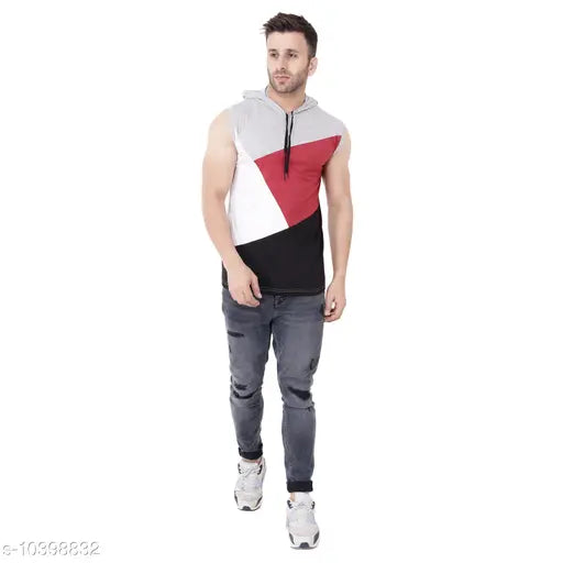 Multicolor cotton blend sleeveless hood t-shirt with colorblocked pattern, great for casual wear