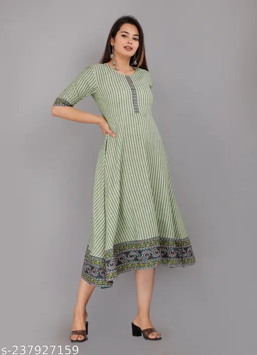Striped chinkenkari Anarkali kurti, cotton, three-quarter sleeves. Traditional Indian women's fashion, full stitched, ready to wear. Lightweight, soft, and elegant. Made in India