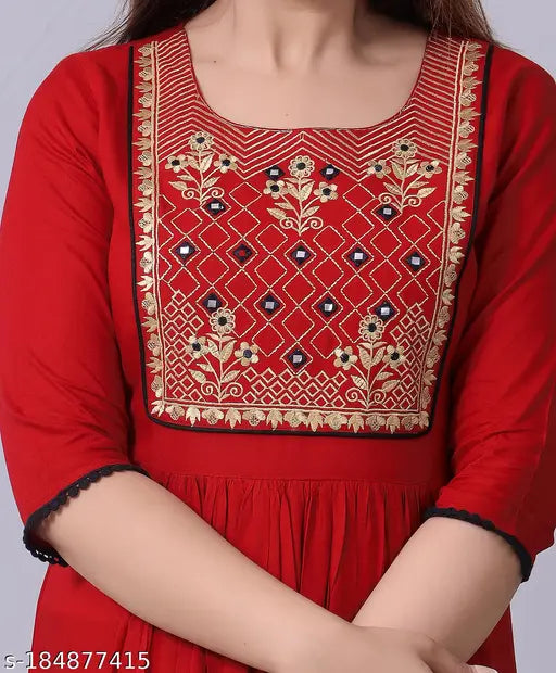 Maroon embroidered rayon kurti, A-line design for festive or casual wear, 3/4 sleeves, suitable for parties and everyday style