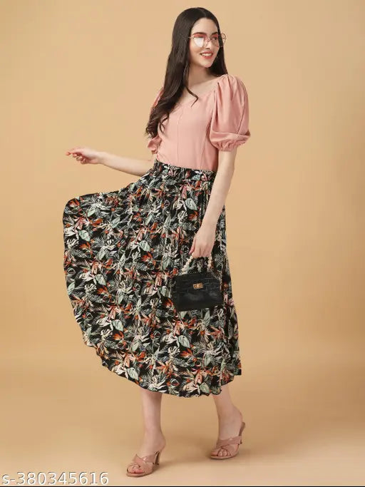 Printed polyester midi skirt for women, casual and regular fit with pleated design, mid-waist, versatile for any occasion, size 28, 30, 32, 34, 36, 38, made in India