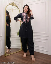 Pure cotton Afghani coord set (black), elegant statement top & bottom with three-quarter sleeves, Indian fine embroidery for daily wear, office, or travel