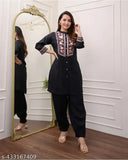 Pure cotton Afghani coord set (black), elegant statement top & bottom with three-quarter sleeves, Indian fine embroidery for daily wear, office, or travel