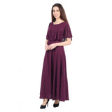 Maroon crepe sleeveless full-length gown for women, solid design on a formal backdrop