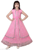 Printed net high low princess dress for girls, inspired by celebrity trends, available in Grey, Green, Pink, Orange. Net fabric gown on display stand. KittyFashion kids wear collection