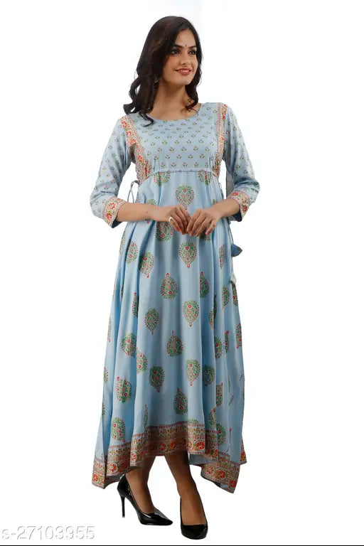 Rayon flared kurta with printed combo, three-quarter sleeves for women, made in India