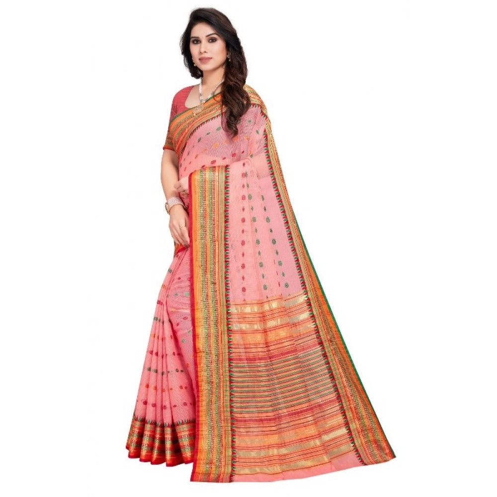 Pink Kota Doria cotton woven Butta saree with blouse (5-6 mtrs), suitable for casual and festive wear