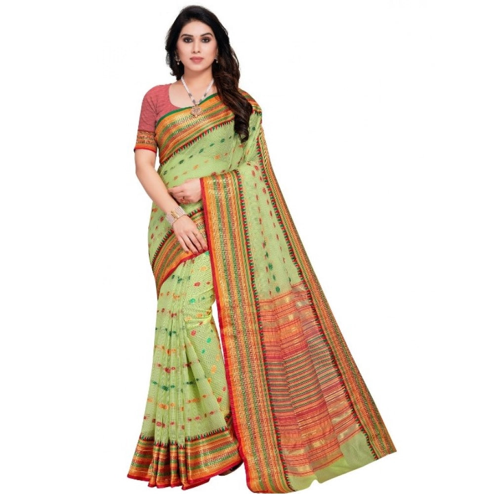 Light green Kota Doria cotton woven Butta saree with blouse, ideal for casual and festive wear (5-6 mtrs)