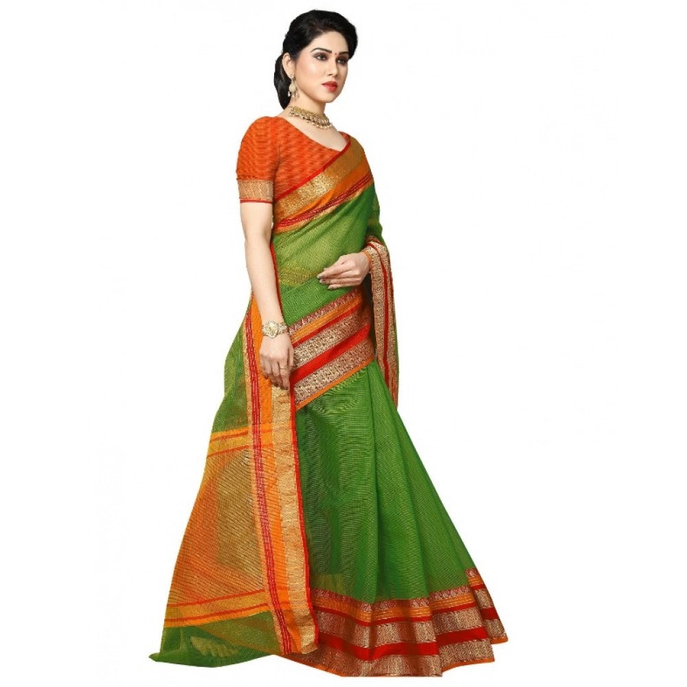 Green Kota Doria cotton blend saree with blouse (5-6 mtrs), suitable for casual and festive wear