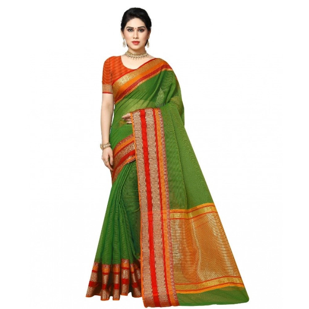 Green Kota Doria cotton blend border saree with blouse, 5-6 meters, suitable for casual and festive wear, women's wear on display