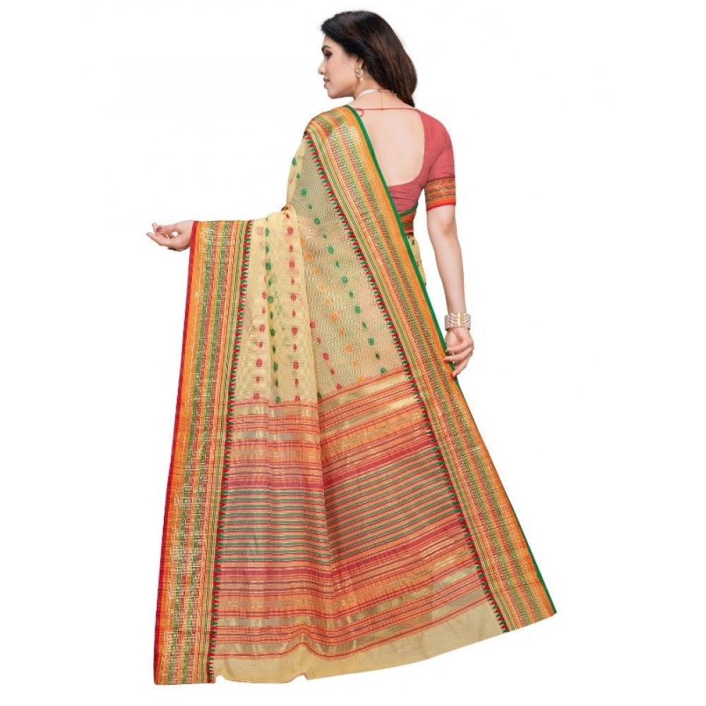Beige cotton blend Kota Doria woven Butta saree with blouse for casual and festive wear, showcasing traditional Indian craftsmanship. (5-6 meters)