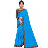 Sky Blue Chanderi Cotton Lace Border Saree with Blouse (5-6 meters), brocade fabric, suitable for casual and festive wear