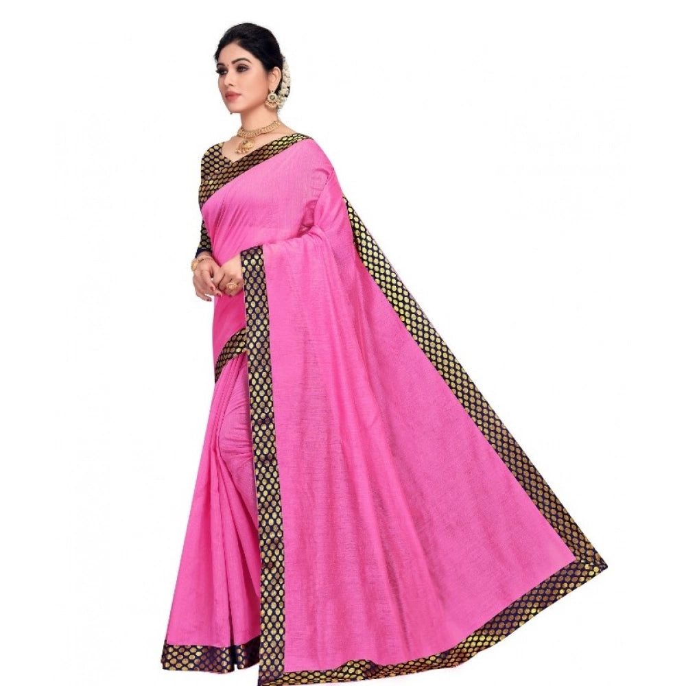 Pink chanderi cotton lace border saree with blouse (5-6 mtrs), elegant women's wear for casual and festive occasions