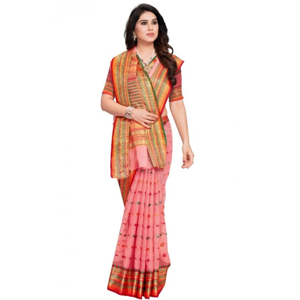 Pink cotton blend Kota Doria saree with blouse (5-6 mtrs), suitable for casual and festive wear for women