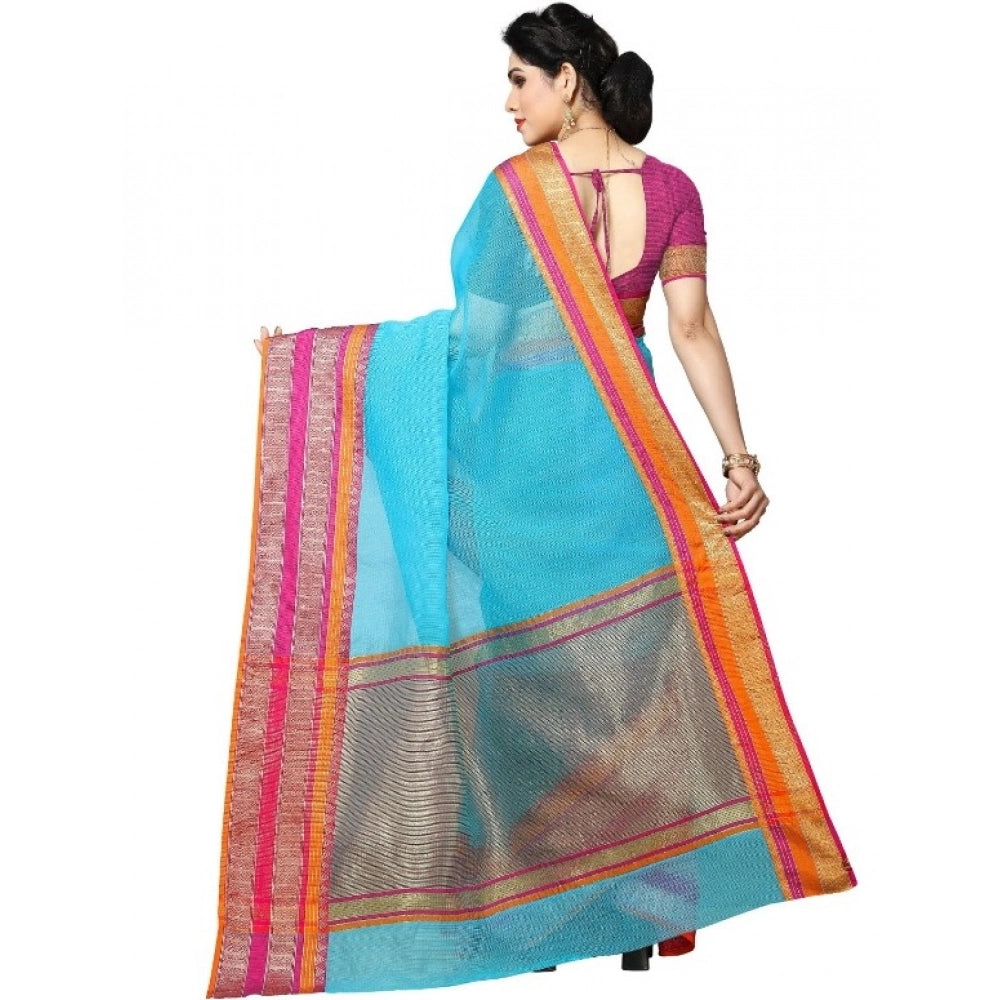 Sky blue Kota Doria cotton-blend saree with blouse (5-6 meters), suitable for casual and festive wear