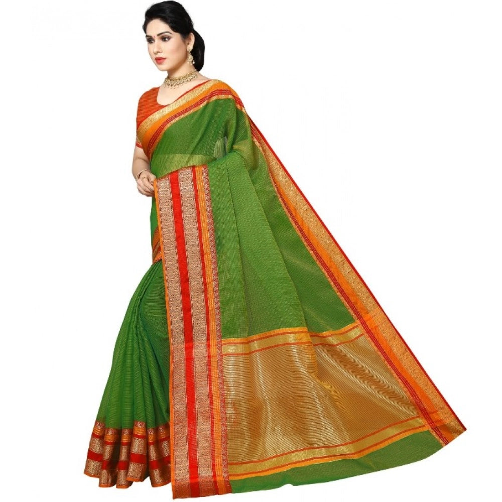 Green Kota Doria cotton border saree with blouse (5-6 mtrs), casual and festive wear for women