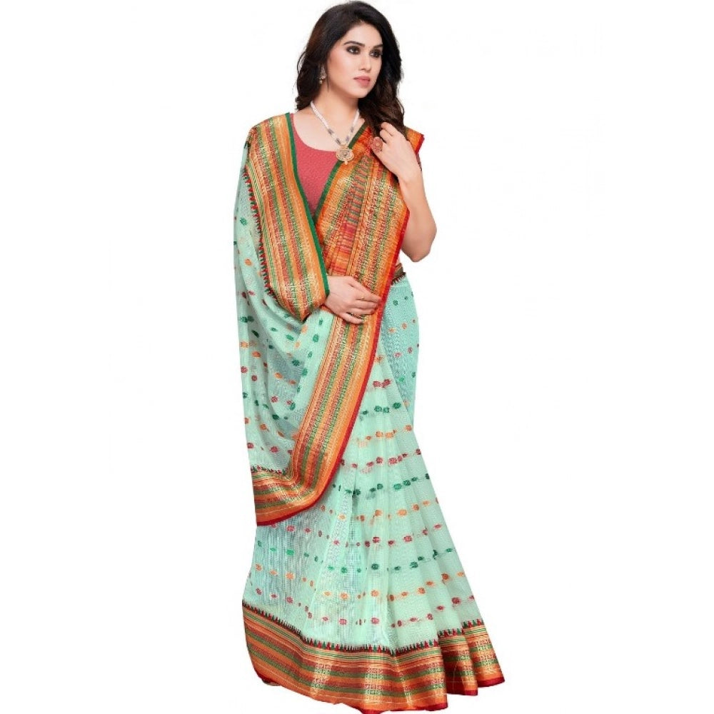 Pista cotton blend Kota Doria woven Butta saree with unstitched blouse for casual and festive wear, displayed on a mannequin