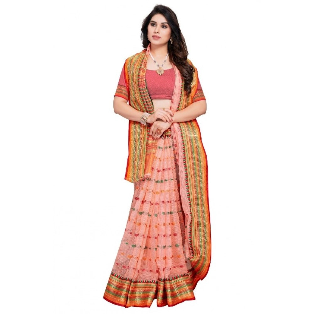 Peach Kota Doria cotton woven Butta saree set with unstitched blouse for casual and festive wear, displayed on a mannequin