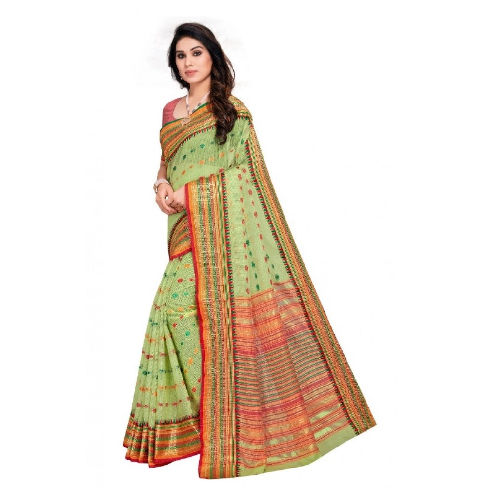 Light green Kota Doria cotton woven Butta saree with blouse for casual and festive wear, women's traditional Indian attire on mannequin