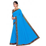 Sky Blue Chanderi cotton lace border saree with blouse, brocade material, suitable for casual and festive wear