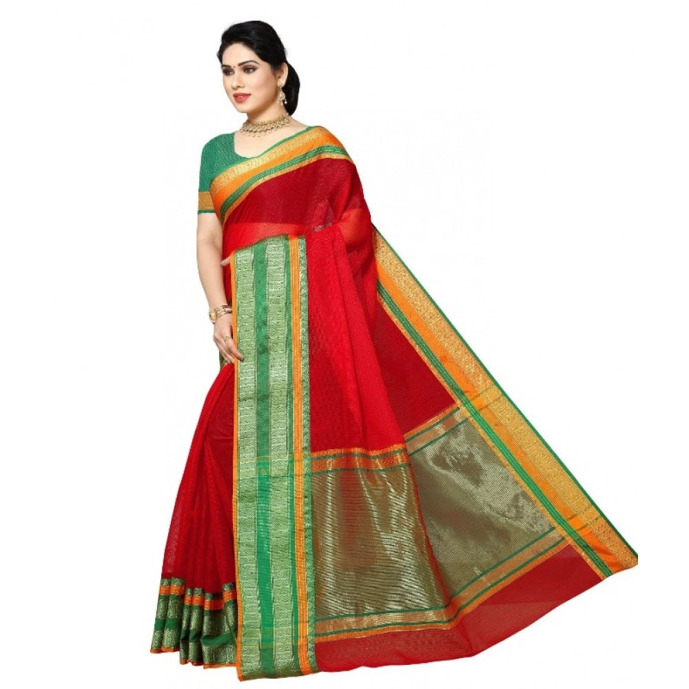 Red Kota Doria cotton blend saree with blouse (5-6 mtrs), suitable for casual and festive wear, women's ethnic fashion