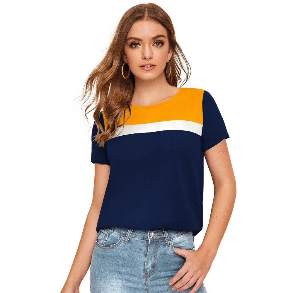 Yellow polyester knitted western wear t-shirt for women, solid pattern, machine washable or hand washable