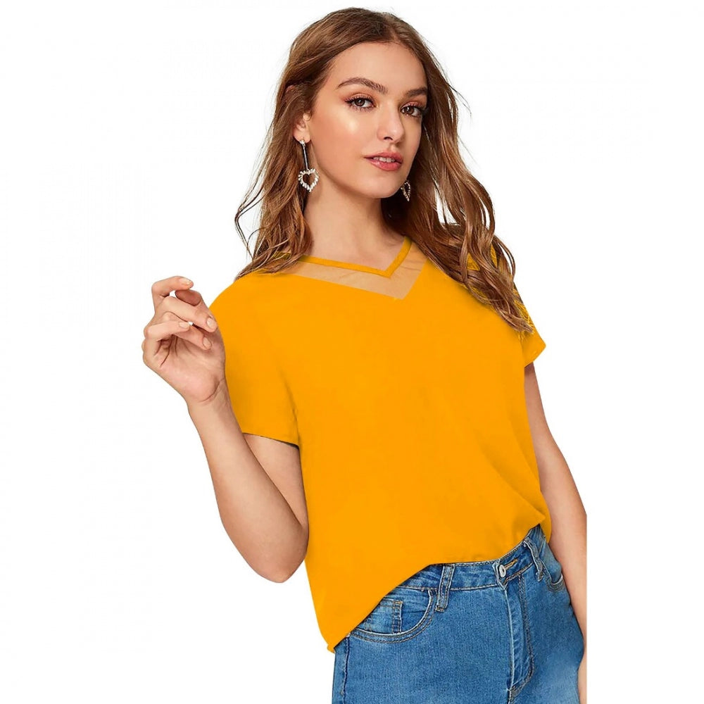 Yellow polyester knitted western wear t-shirt for women, ideal for casual outfits