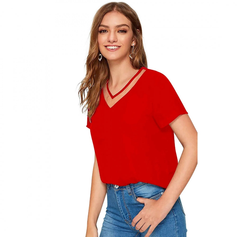 Red polyester knitting western wear t-shirt for women, solid pattern