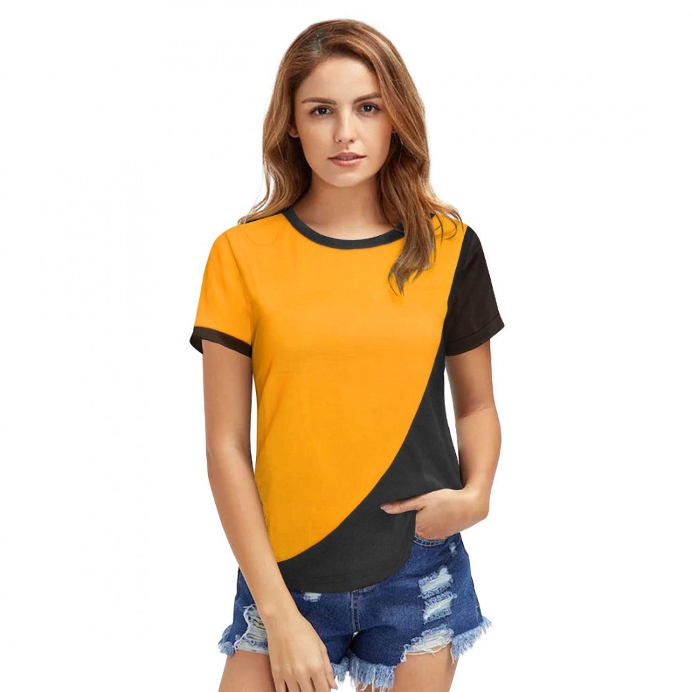 Yellow polyester knitting western wear t-shirt for women, solid pattern on front