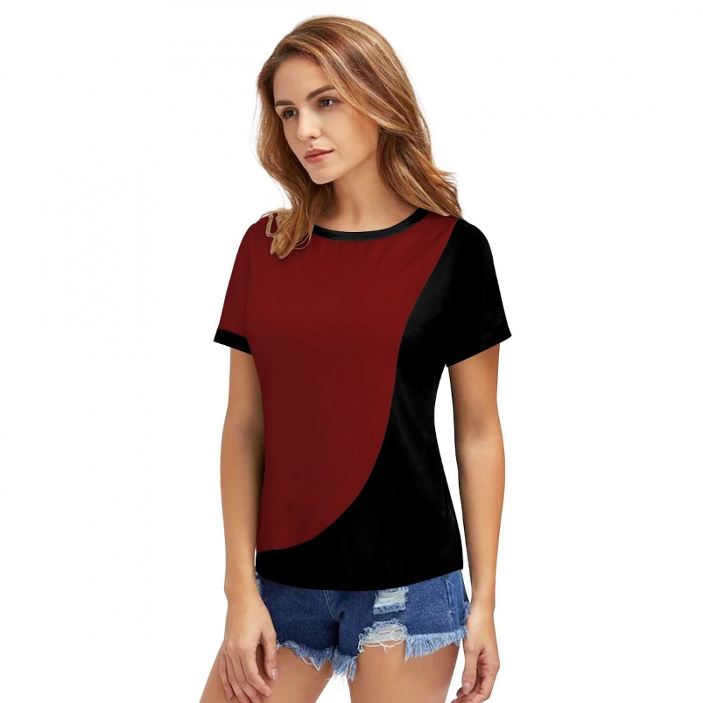 Maroon polyester knitting western wear t-shirt for women, solid pattern, machine washable or hand wash (S36, M38, L40, XL42)