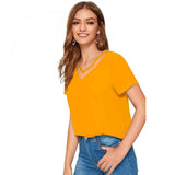Yellow polyester knitting western wear t-shirt for women, solid pattern, machine washable or hand washable