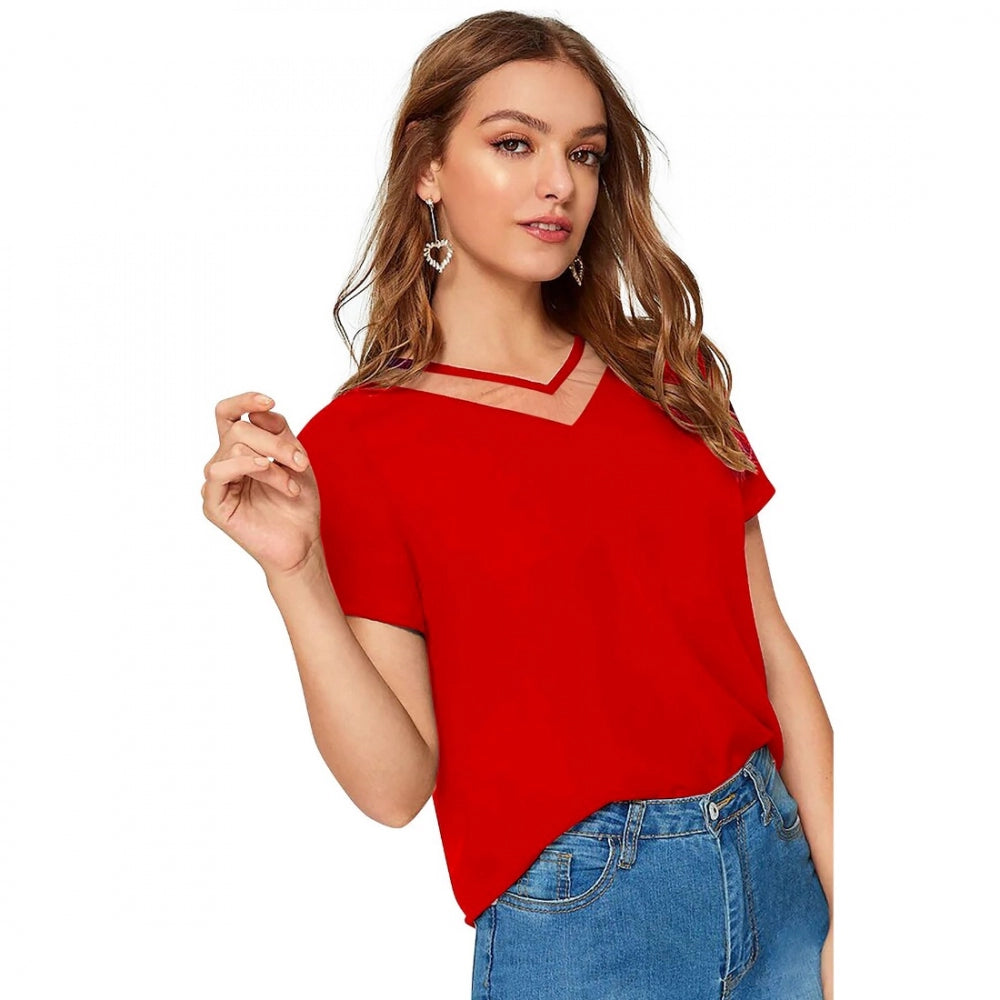 Red polyester knitting western wear t-shirt for women, solid pattern on display