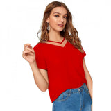 Red polyester knitted women's western wear t-shirt, solid design on a mannequin