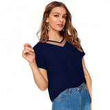Blue polyester knitted women's western wear t-shirt for casual fashion, solid design on display