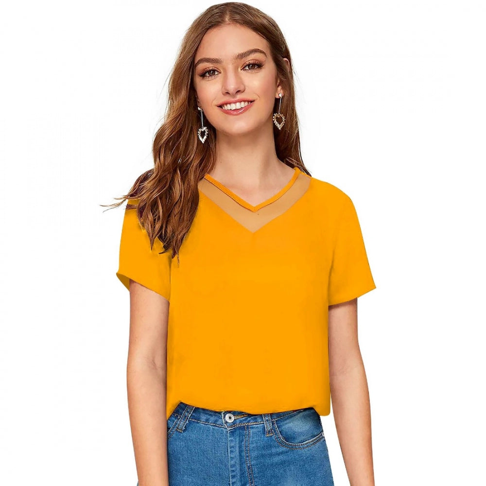 Yellow polyester knitting western wear t-shirt for women, solid pattern