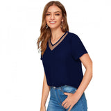 Blue polyester knit women's western wear t-shirt, solid design for casual fashion