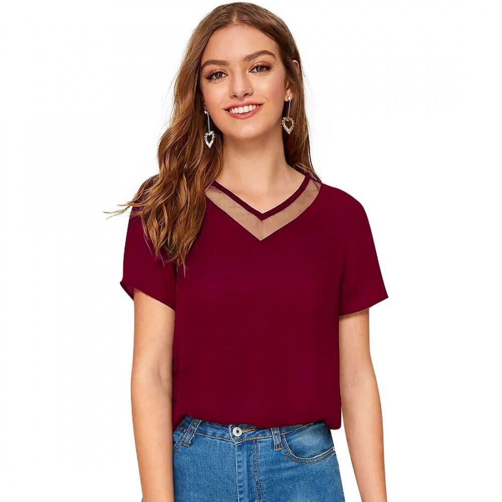 Maroon polyester knitting western wear t-shirt for women, solid pattern