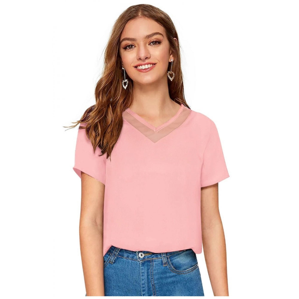 Peach polyester knitted women's western wear t-shirt, perfect for casual style