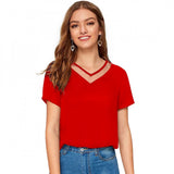 Red polyester knitted women's western wear t-shirt, solid design for fashionable outfits