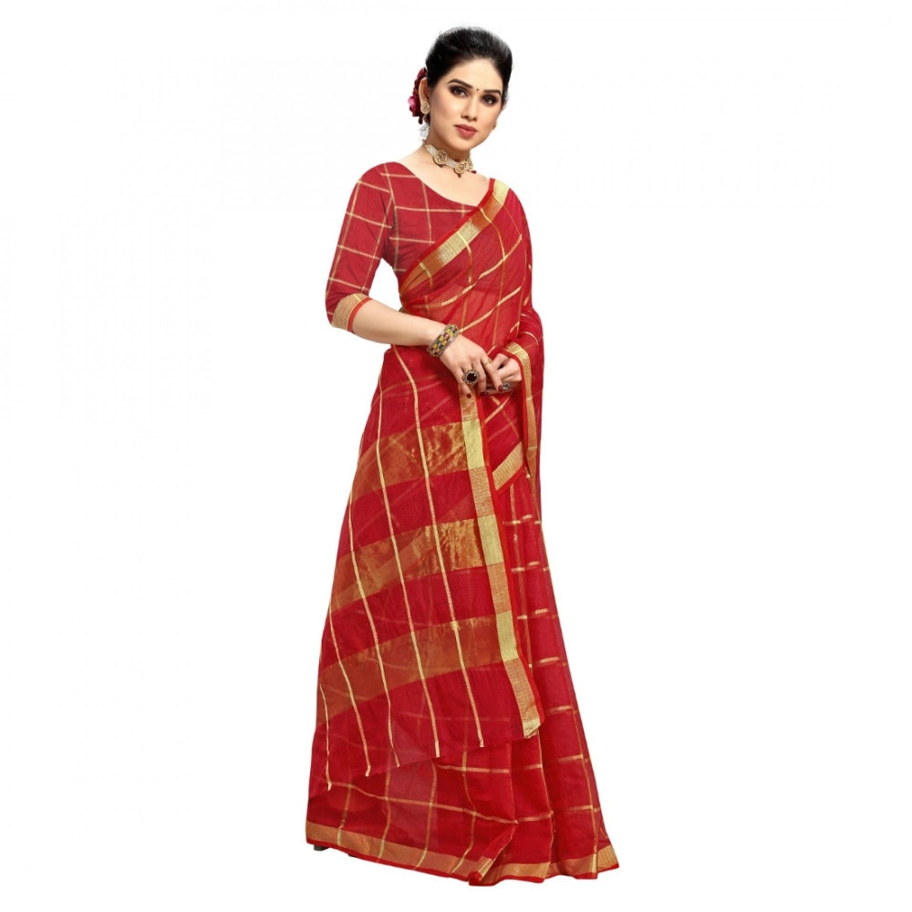 Red Kota Doria cotton checked saree with blouse (5-6 mtrs), perfect for casual and festive wear