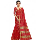 Red Kota Doria cotton checked saree with blouse (5-6 mtrs), ideal for casual and festive wear